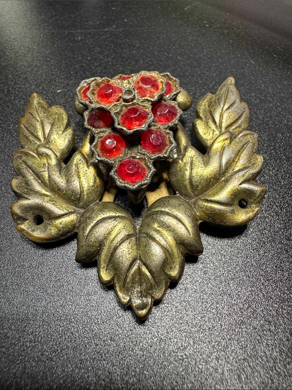 VTG Source Unknown Brass Leaf Accent with Red Glass Flower Cluster